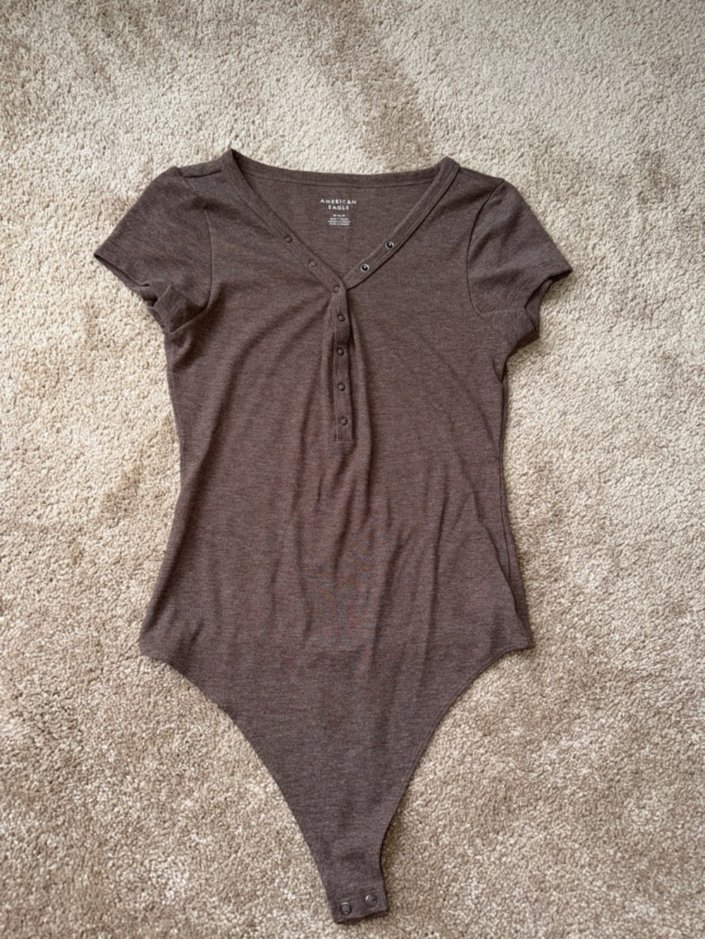 American Eagle Outfitters Brown Ribbed Short-Sleeve Henley Bodysuit